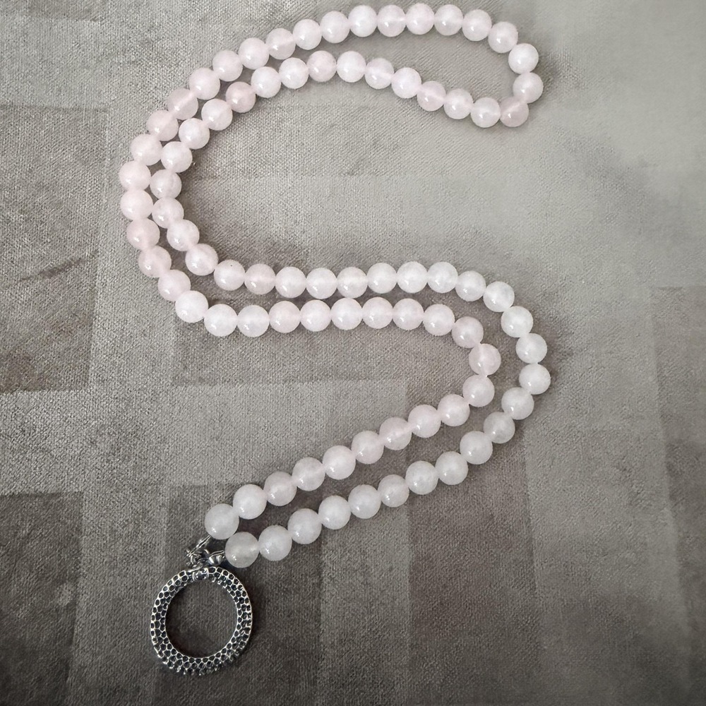 Rose Quartz Beaded Necklace Silver Tone Textured Circle Pendant 30" Boho Reverse
